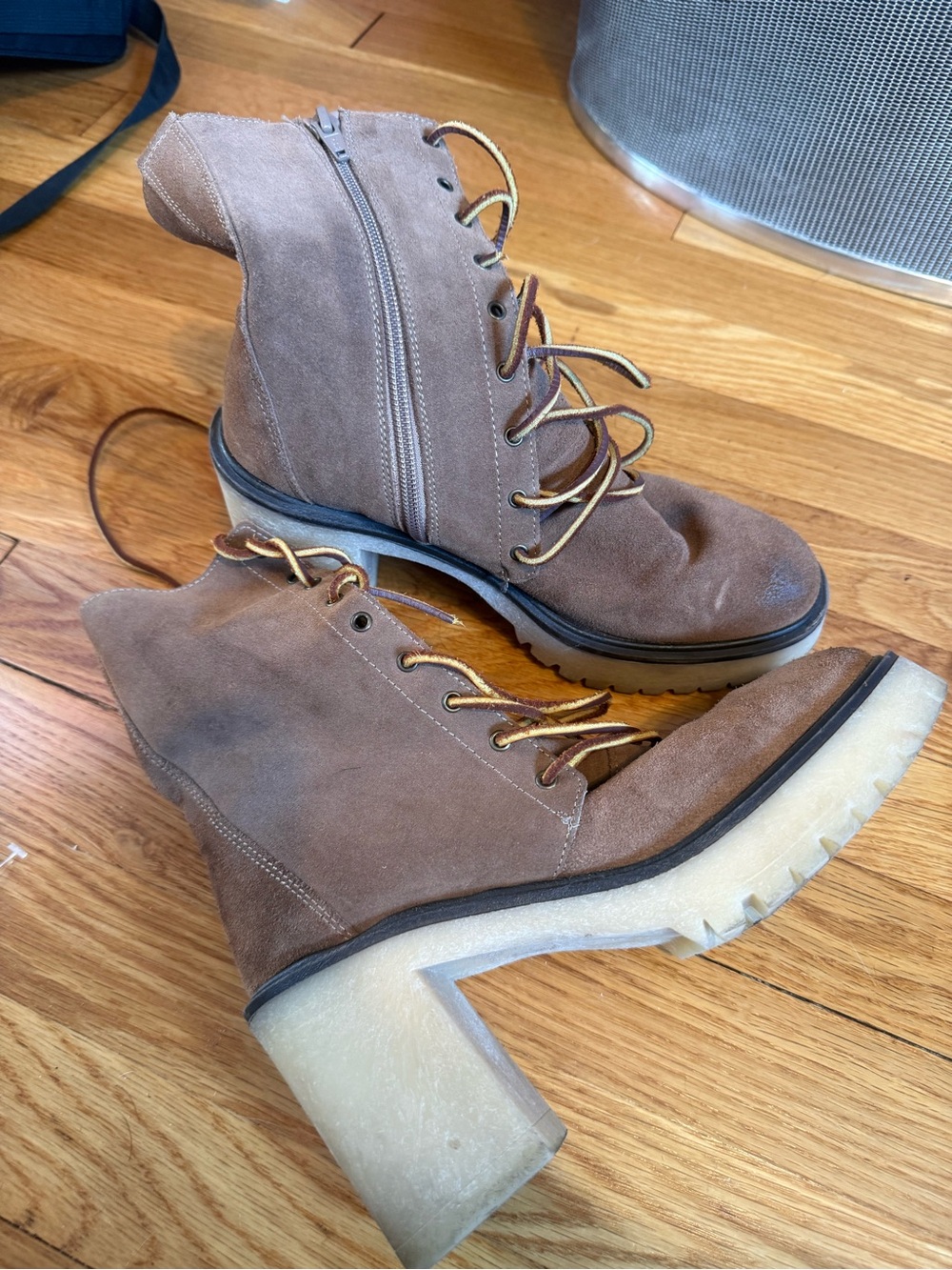 Free People Brown Suede Lace-Up Chunky Heel Boots